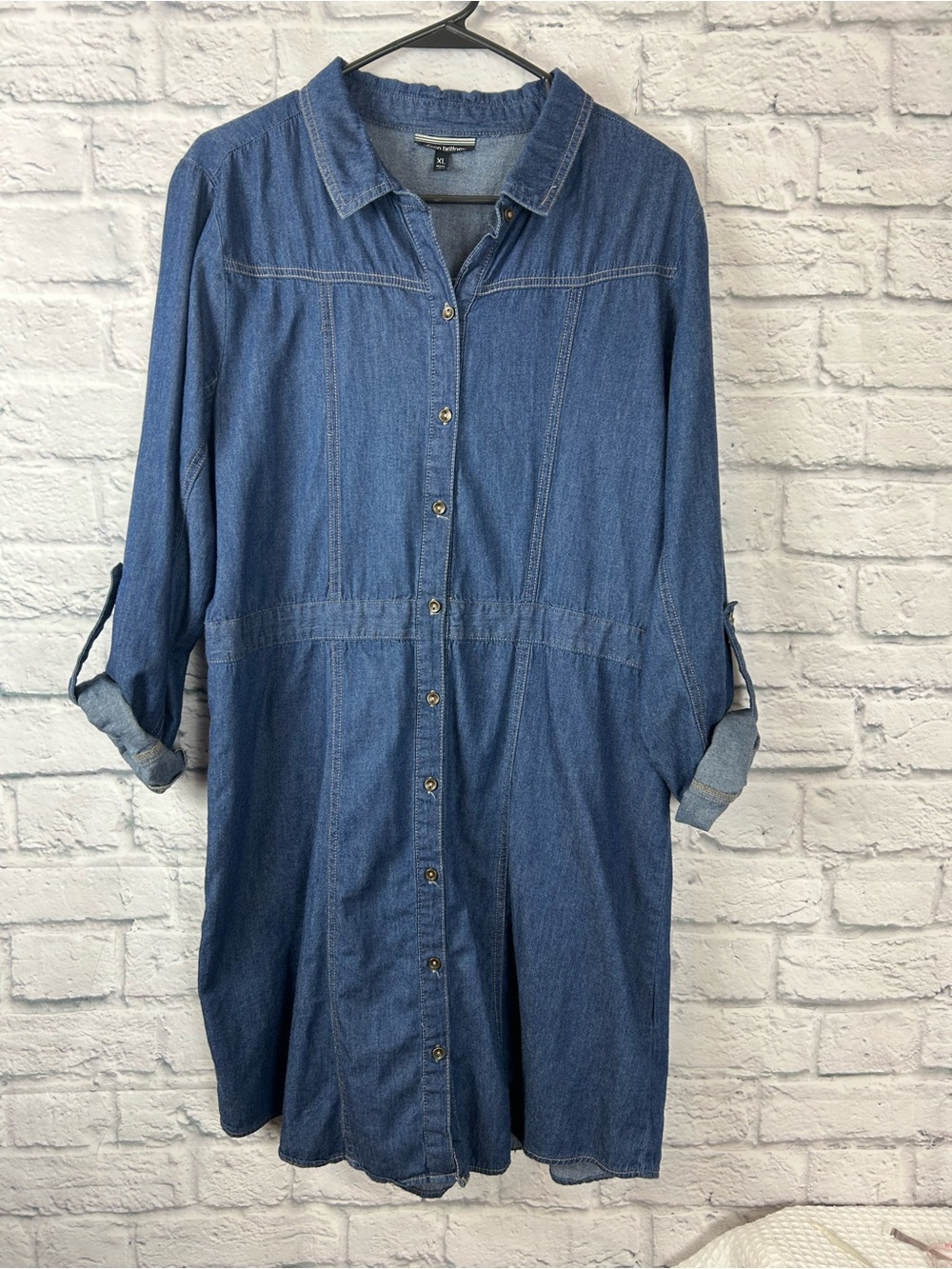 Allison Brittney Denim Shirt Dress Women’s XL Button Front Roll Tab Sleeve